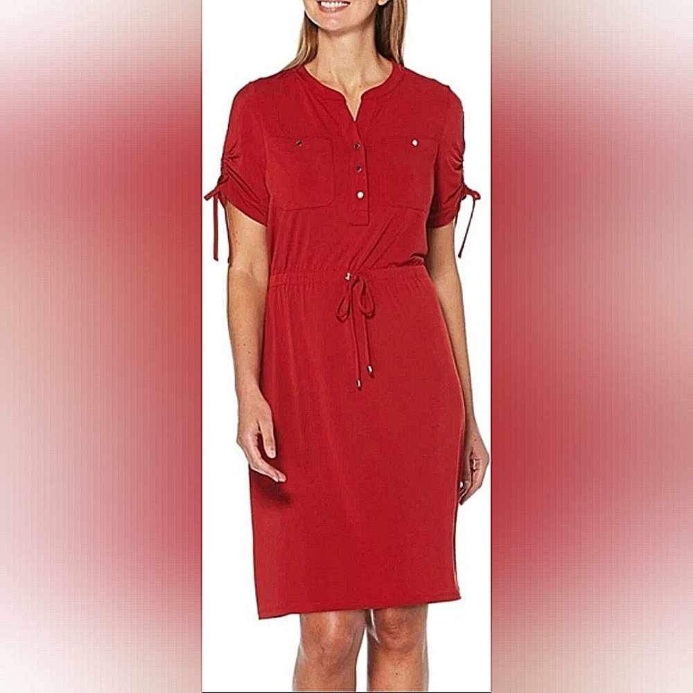 RAFAELLA RED SHIRT DRESS Women's Size L Work Knee Length Tie Waist. Work Wear